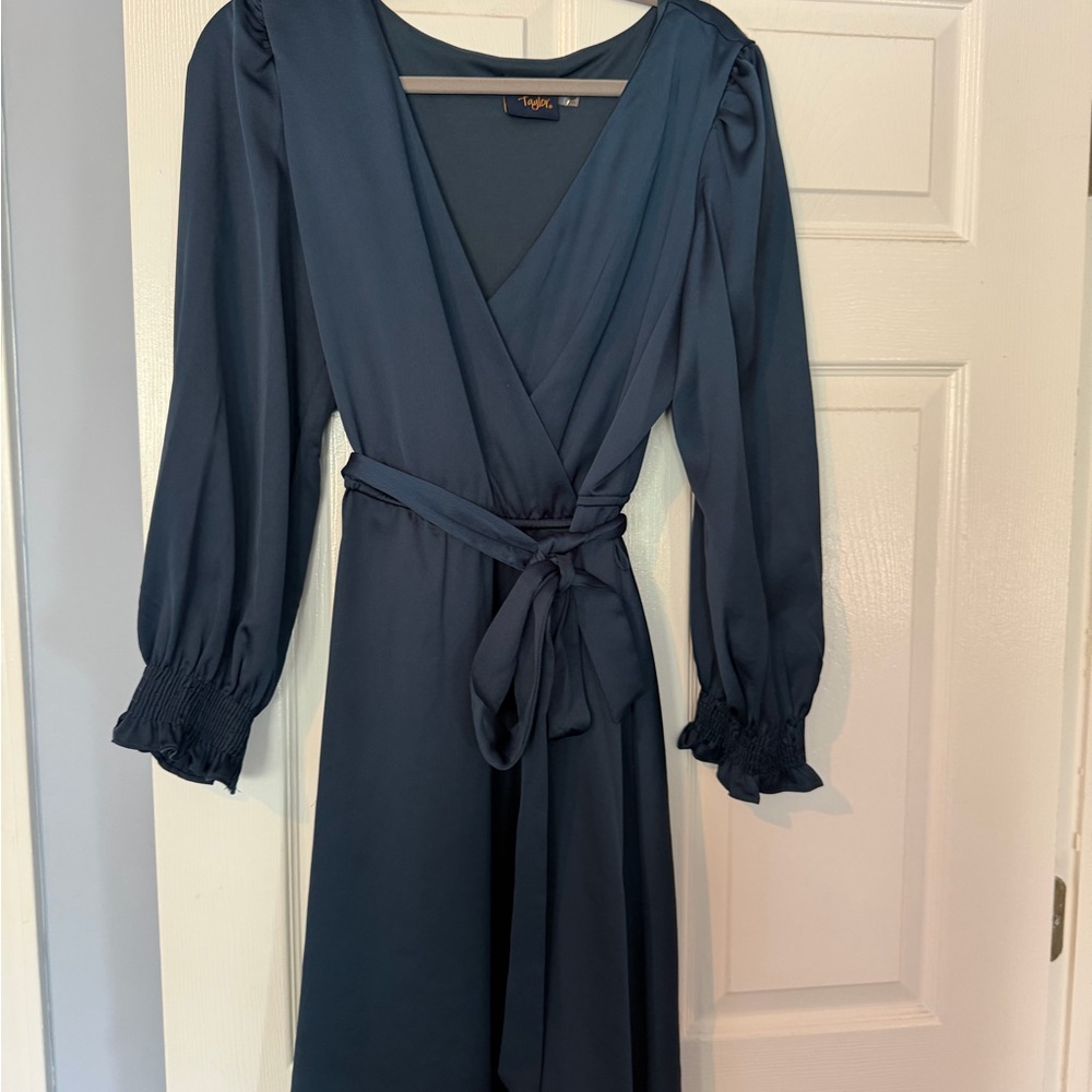 Taylor Teal Wrap-Style Long Sleeve Dress